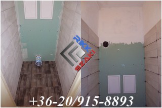 WC. Felújítás, burkolás, kartonozás.