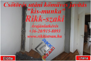 Csőtörés utáni kőműves javítási munka,