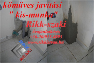 Csőtörés utáni kőműves javítási munka,